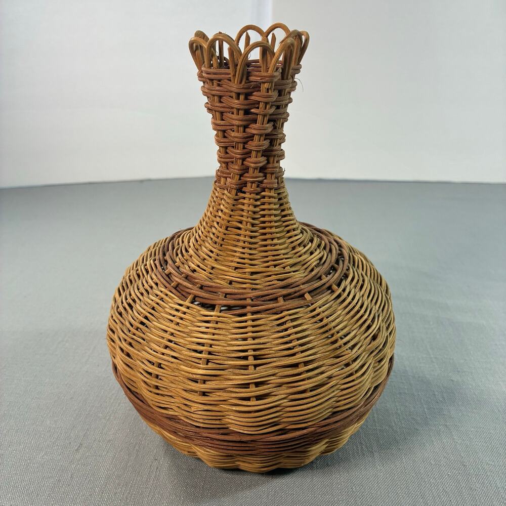 Vintage Hand Woven Wicker Rattan Bottle Vase 9 Inch Boho Folk Art Decor